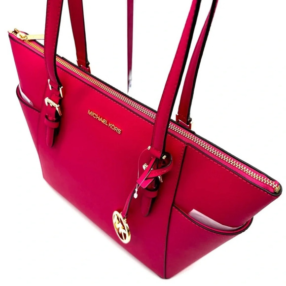 Michael Kors Large Charlotte Tote Bag Luggage Leather Electric Pink - Picture 7 of 12